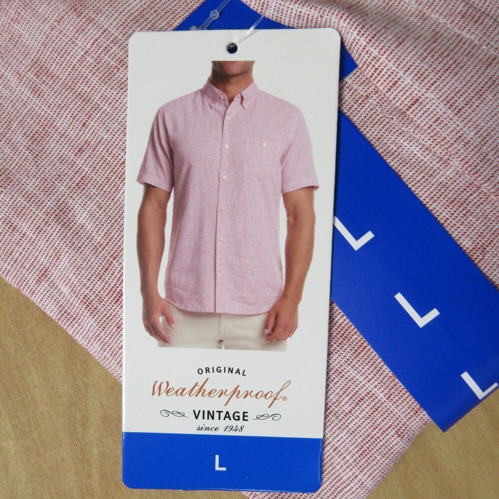WEATHERPROOF VINTAGE Linen Blend‎ Short Sleeve Shirt Mens Large Red Woven NWT